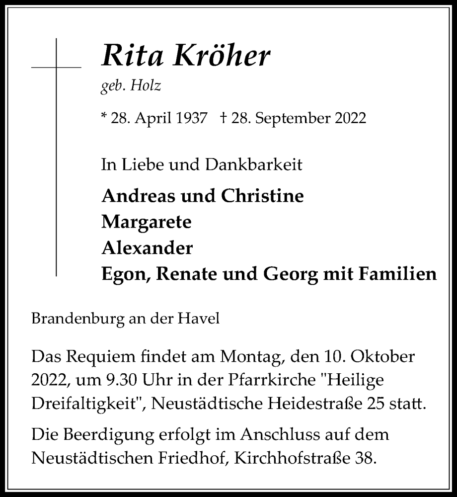  Traueranzeige für Rita Kröher vom 08.10.2022 aus Märkischen Allgemeine Zeitung