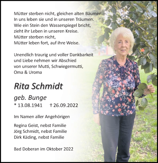Traueranzeige von Rita Schmidt von Ostsee-Zeitung GmbH