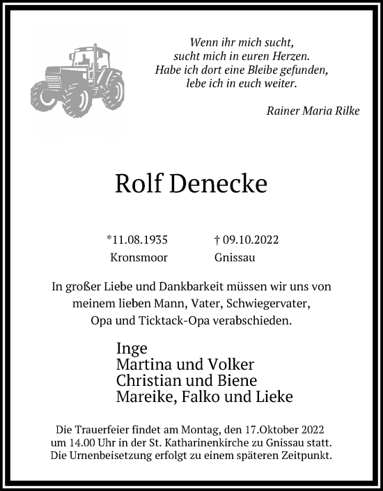 Traueranzeige von Rolf Denecke von Lübecker Nachrichten