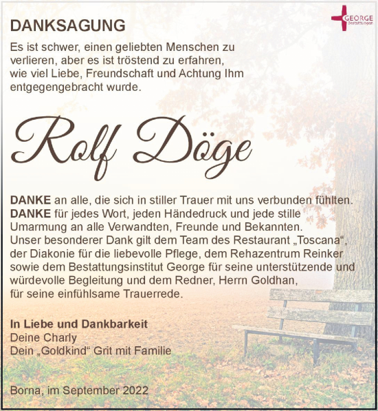 Traueranzeige von Rolf Döge von Leipziger Volkszeitung