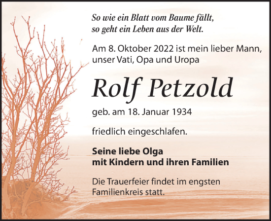 Traueranzeige von Rolf Petzold von Leipziger Volkszeitung