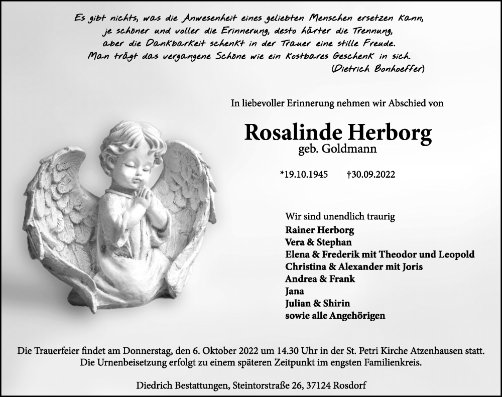  Traueranzeige für Rosalinde Herborg vom 05.10.2022 aus Göttinger Tageblatt
