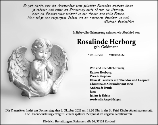 Traueranzeige von Rosalinde Herborg von Göttinger Tageblatt