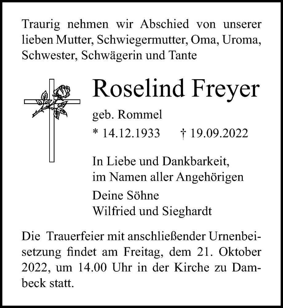  Traueranzeige für Roselind Freyer vom 15.10.2022 aus Ostsee-Zeitung GmbH