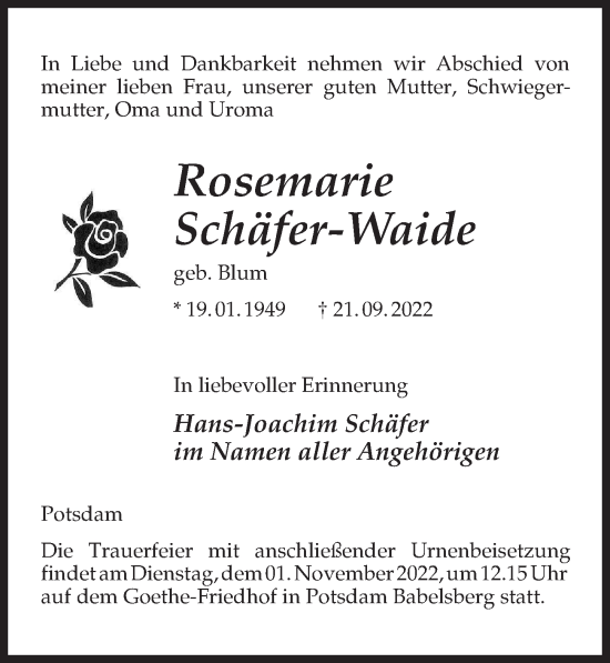 Traueranzeige von Rosemarie Schäfer-Waide von Märkischen Allgemeine Zeitung