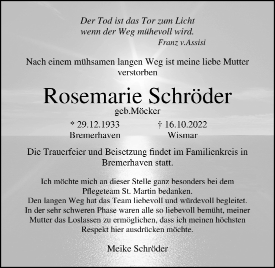 Traueranzeige von Rosemarie Schröder von Ostsee-Zeitung GmbH