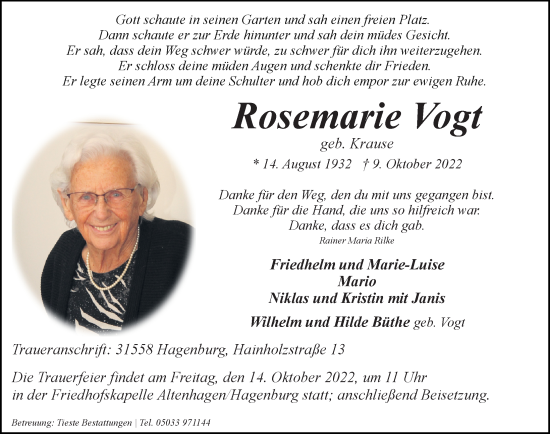 Traueranzeige von Rosemarie Vogt von Schaumburger Nachrichten