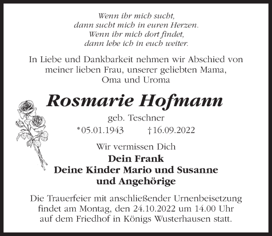 Traueranzeige von Rosmarie Hofmann von Märkischen Allgemeine Zeitung