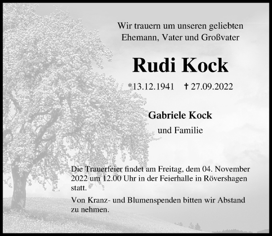 Traueranzeige von Rudi Kock von Ostsee-Zeitung GmbH