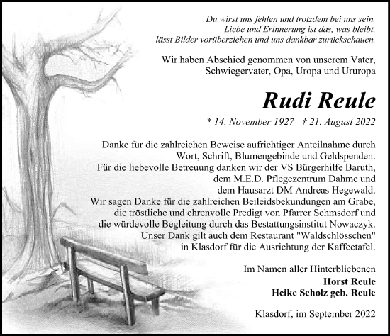 Traueranzeige von Rudi Reule von Märkischen Allgemeine Zeitung