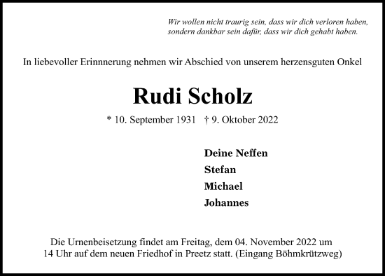 Traueranzeige von Rudi Scholz von Kieler Nachrichten