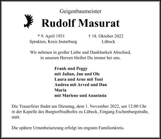 Traueranzeige von Rudolf Masurat von Lübecker Nachrichten