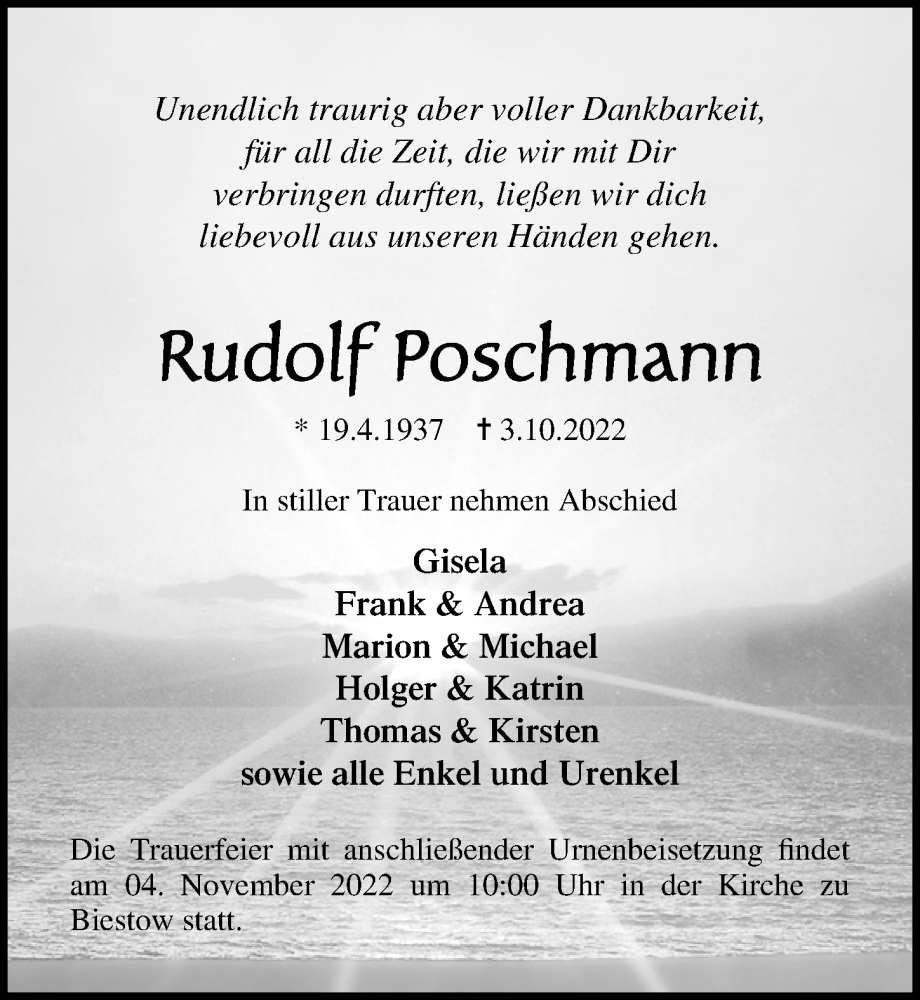 Traueranzeige für Rudolf Poschmann vom 15.10.2022 aus Ostsee-Zeitung GmbH