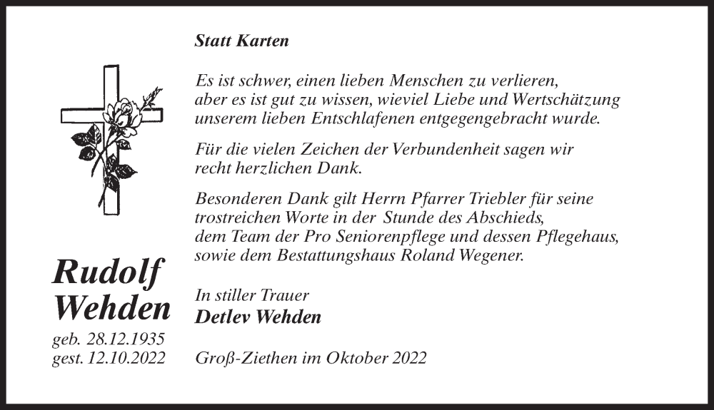  Traueranzeige für Rudolf Wehden vom 29.10.2022 aus Märkischen Allgemeine Zeitung