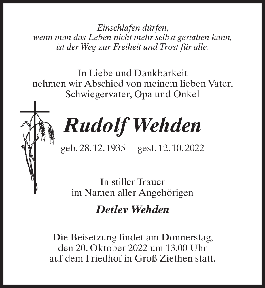  Traueranzeige für Rudolf Wehden vom 15.10.2022 aus Märkischen Allgemeine Zeitung