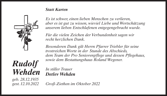 Traueranzeige von Rudolf Wehden von Märkischen Allgemeine Zeitung