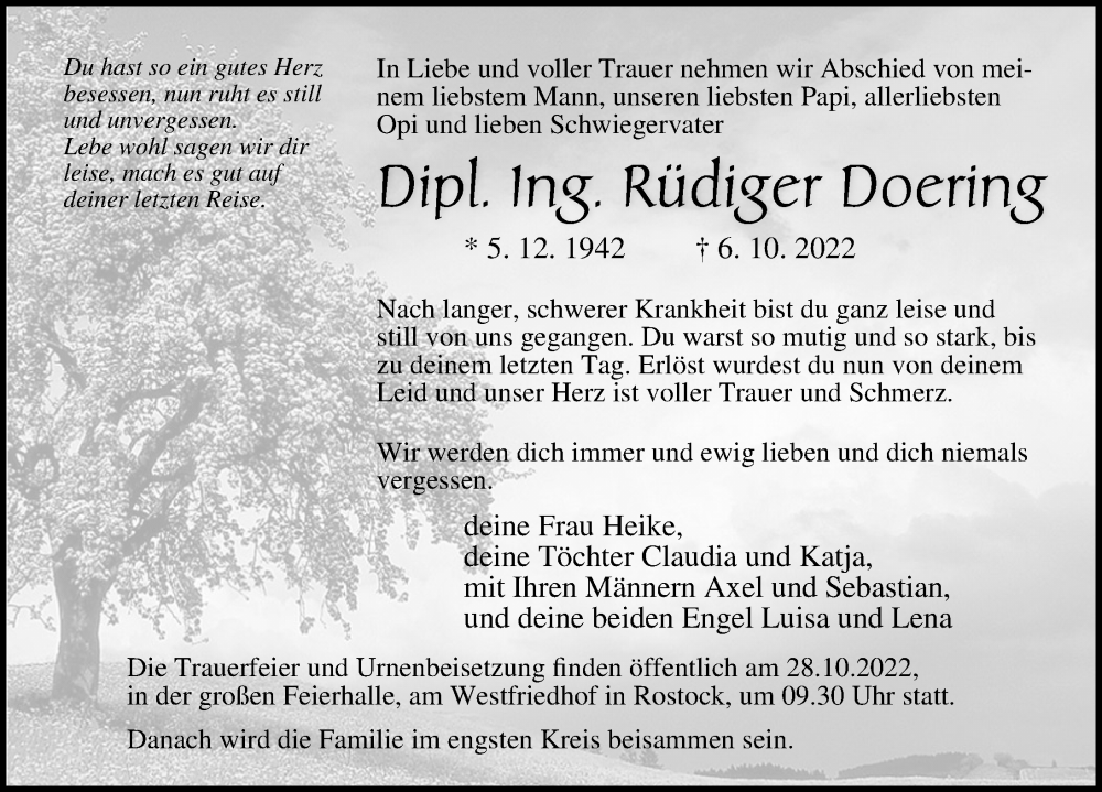  Traueranzeige für Rüdiger Doering vom 15.10.2022 aus Ostsee-Zeitung GmbH