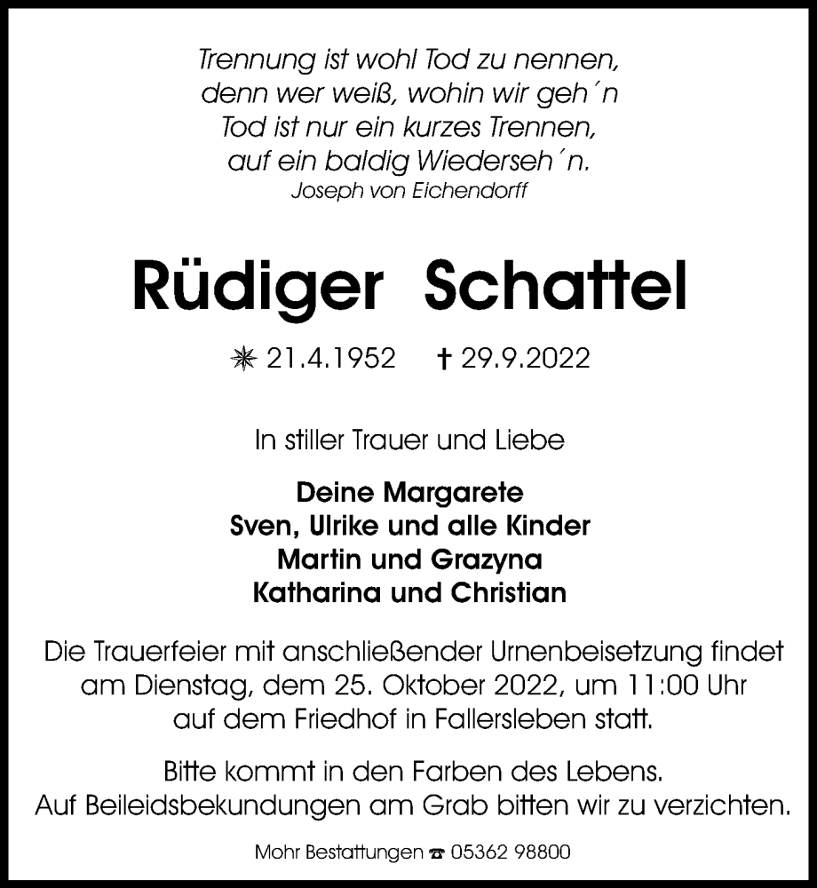  Traueranzeige für Rüdiger Schattel vom 05.10.2022 aus Aller Zeitung