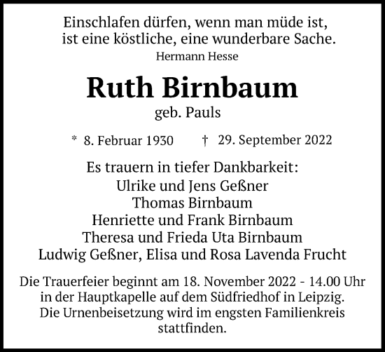 Traueranzeige von Ruth Birnbaum von Leipziger Volkszeitung