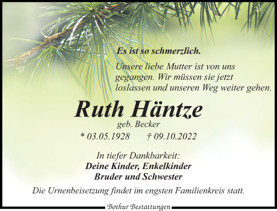 Traueranzeige von Ruth Häntze von Leipziger Volkszeitung