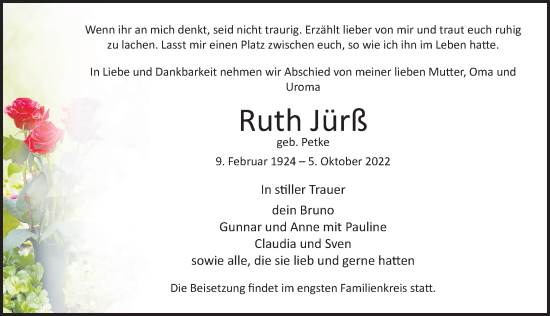 Traueranzeige von Ruth Jürß von Ostsee-Zeitung GmbH