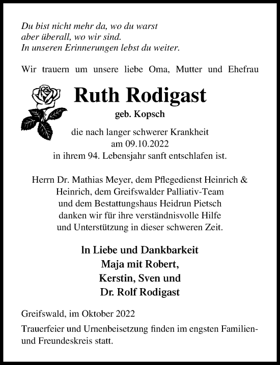 Traueranzeige von Ruth Rodigast von Ostsee-Zeitung GmbH