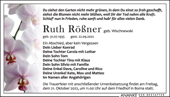 Traueranzeige von Ruth Rößner von Leipziger Volkszeitung