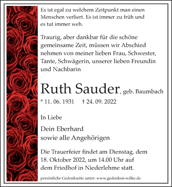 Traueranzeige von Ruth Sauder von Märkischen Allgemeine Zeitung