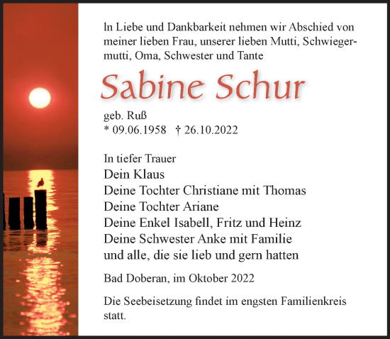 Traueranzeige von Sabine Schur von Ostsee-Zeitung GmbH