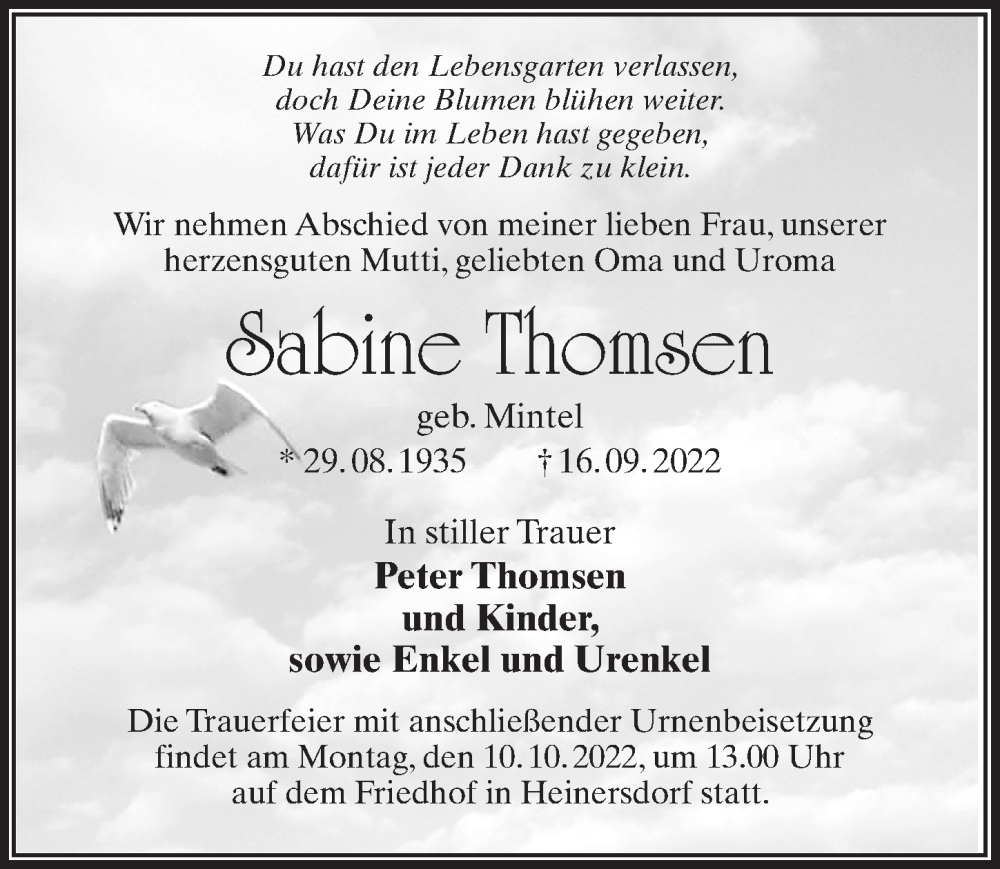  Traueranzeige für Sabine Thomsen vom 01.10.2022 aus Märkischen Allgemeine Zeitung