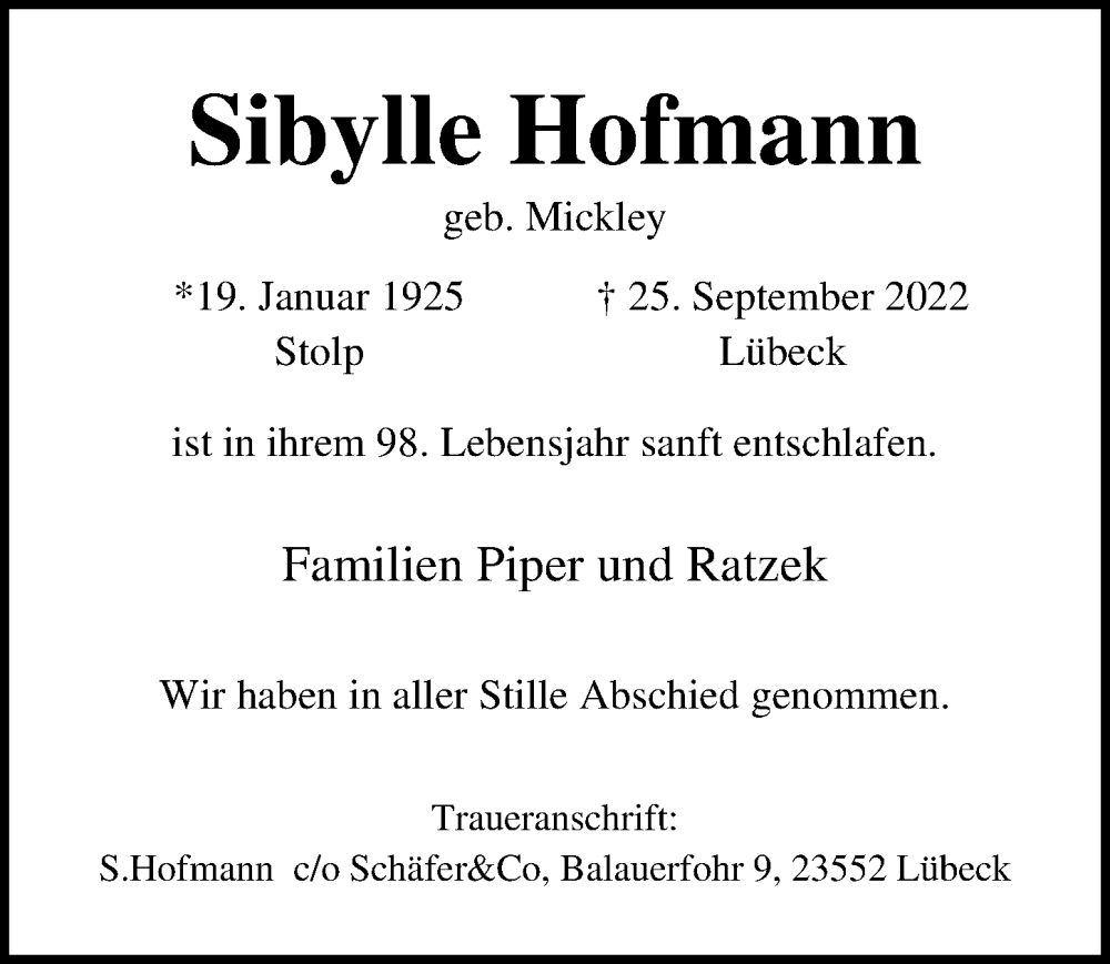 Traueranzeige für Sibylle Hofmann vom 02.10.2022 aus Lübecker Nachrichten