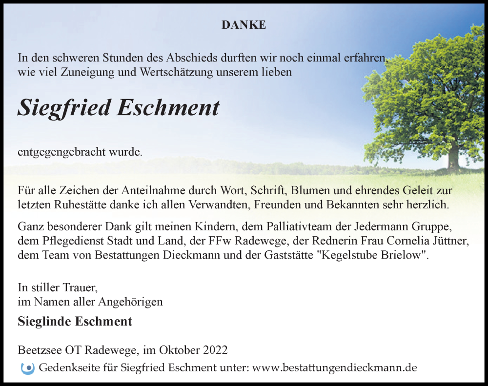  Traueranzeige für Siegfried Eschment vom 29.10.2022 aus Märkischen Allgemeine Zeitung