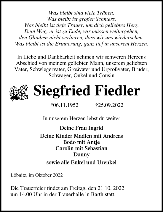 Traueranzeige von Siegfried Fiedler von Ostsee-Zeitung GmbH