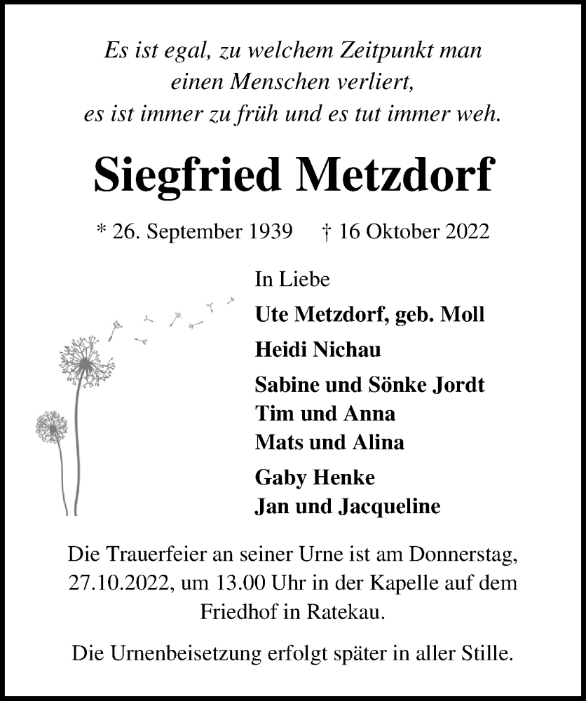 Traueranzeige für Siegfried Metzdorf vom 23.10.2022 aus Lübecker Nachrichten