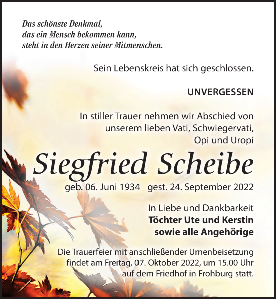 Traueranzeige von Siegfried Scheibe von Leipziger Volkszeitung