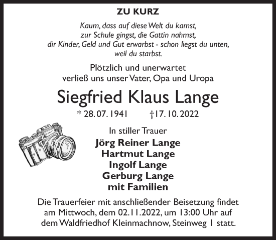 Traueranzeige von Siegfried Klaus Lange von Märkischen Allgemeine Zeitung