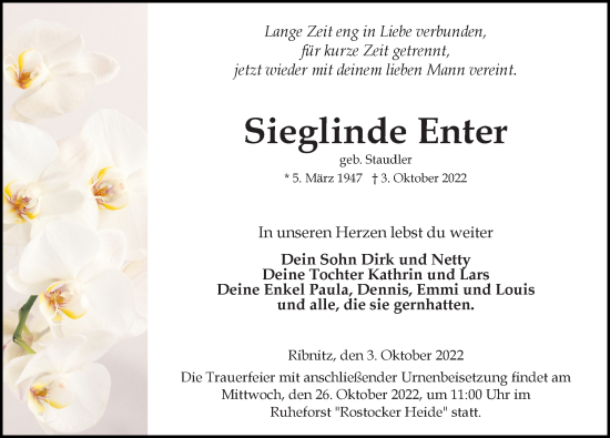 Traueranzeige von Sieglinde Enter von Ostsee-Zeitung GmbH