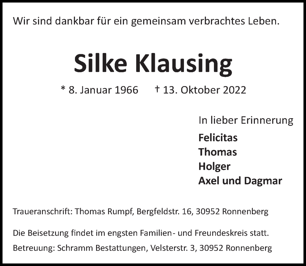  Traueranzeige für Silke Klausing vom 22.10.2022 aus Hannoversche Allgemeine Zeitung/Neue Presse