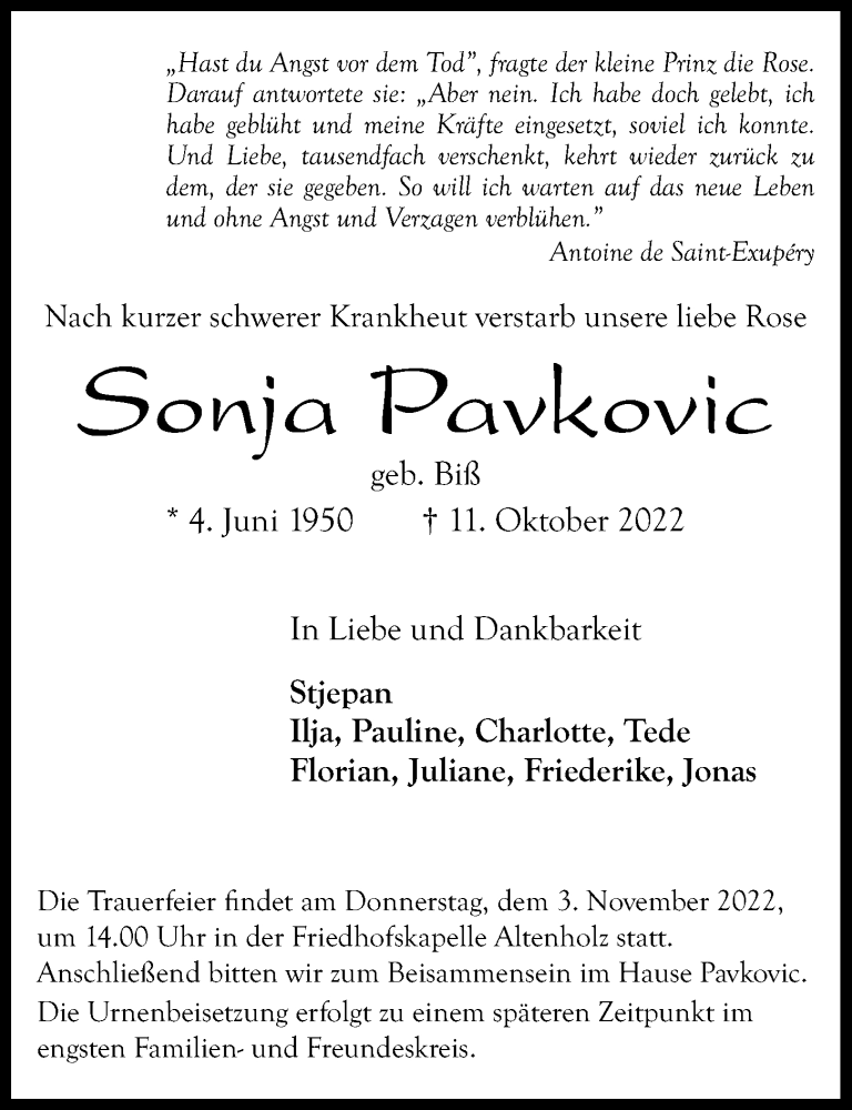  Traueranzeige für Sonja Pavkovic vom 22.10.2022 aus Kieler Nachrichten