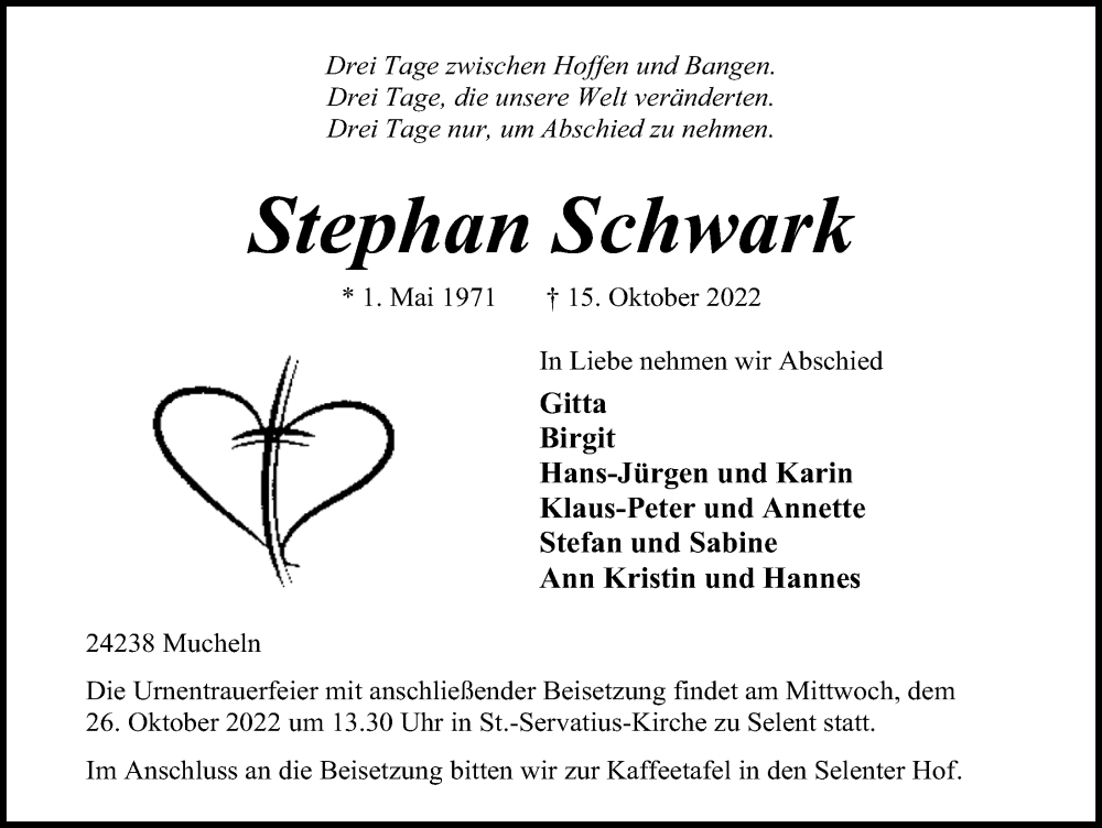  Traueranzeige für Stephan Schwark vom 22.10.2022 aus Kieler Nachrichten