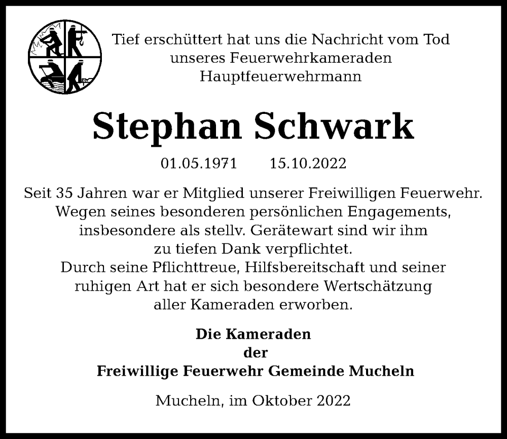  Traueranzeige für Stephan Schwark vom 22.10.2022 aus Kieler Nachrichten