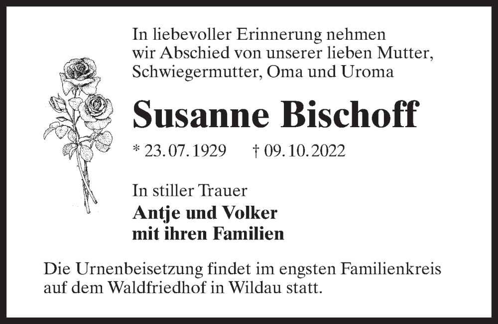  Traueranzeige für Susanne Bischoff vom 15.10.2022 aus Märkischen Allgemeine Zeitung