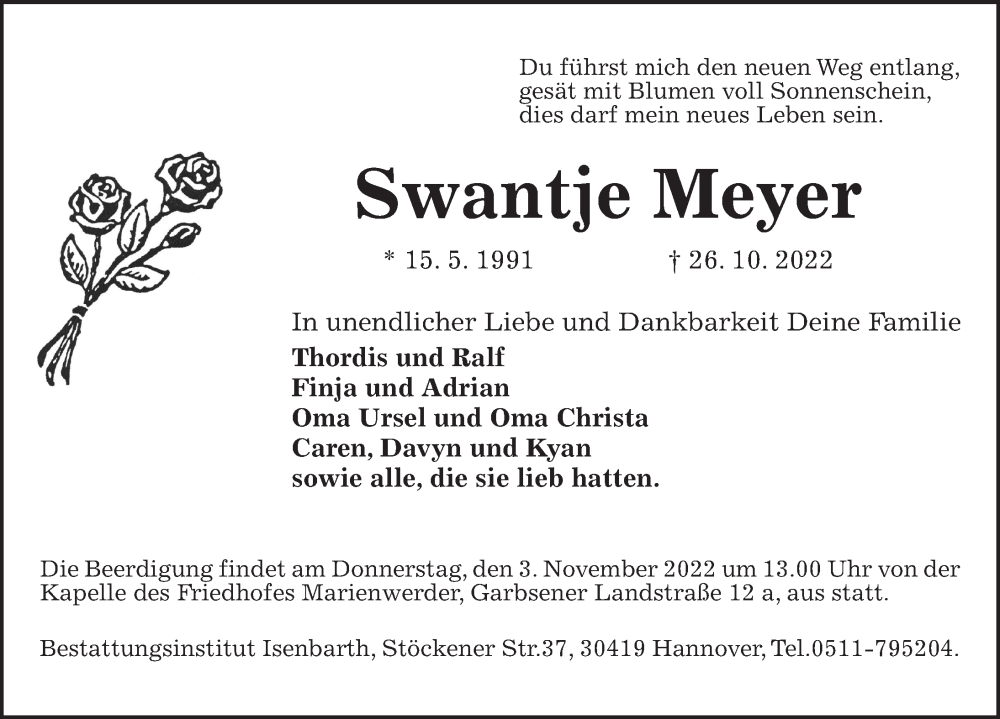  Traueranzeige für Swantje Meyer vom 29.10.2022 aus Hannoversche Allgemeine Zeitung/Neue Presse