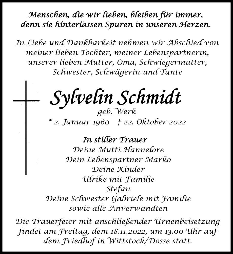  Traueranzeige für Sylvelin Schmidt vom 29.10.2022 aus Märkischen Allgemeine Zeitung