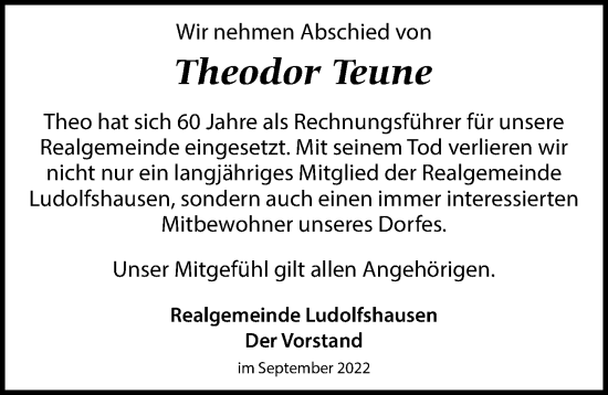 Traueranzeige von Theodor Teune von Göttinger Tageblatt