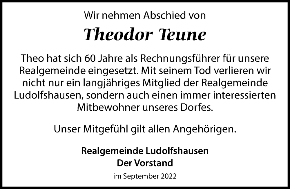  Traueranzeige für Theodor Teune vom 01.10.2022 aus Göttinger Tageblatt