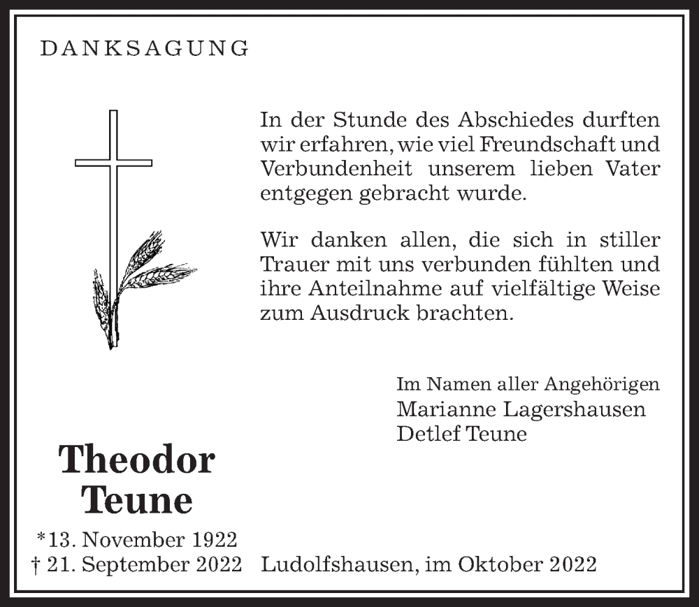  Traueranzeige für Theodor Teune vom 08.10.2022 aus Göttinger Tageblatt