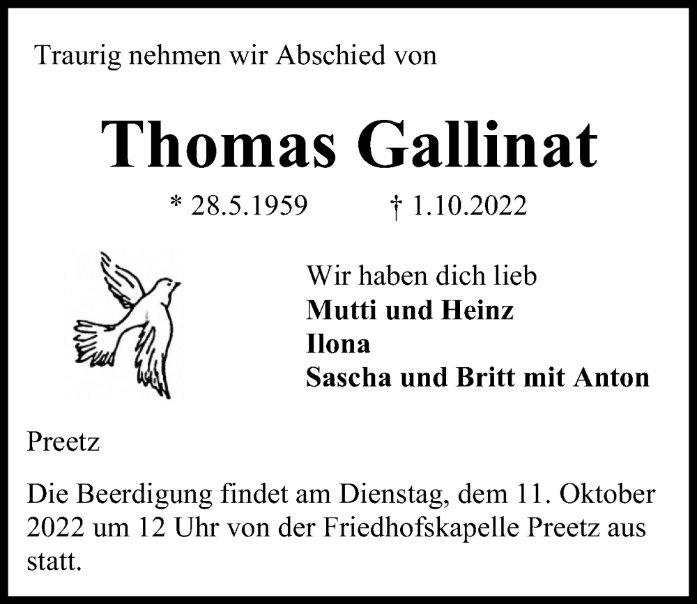  Traueranzeige für Thomas Gallinat vom 08.10.2022 aus Kieler Nachrichten