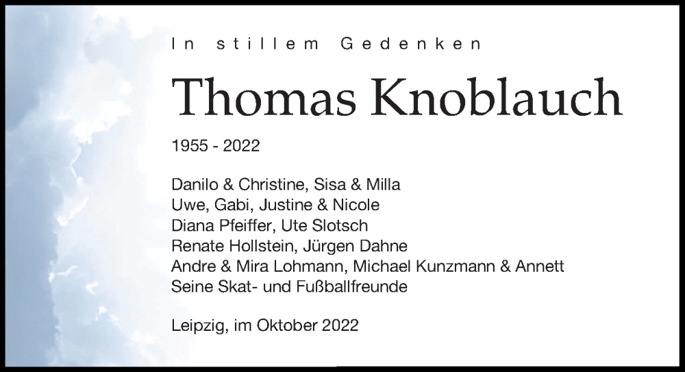  Traueranzeige für Thomas Knoblauch vom 15.10.2022 aus Leipziger Volkszeitung