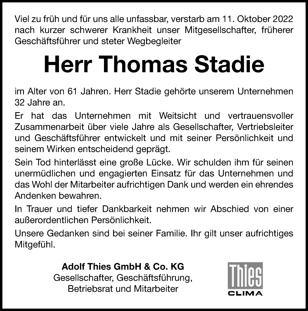  Traueranzeige für Thomas Stadie vom 29.10.2022 aus Göttinger Tageblatt